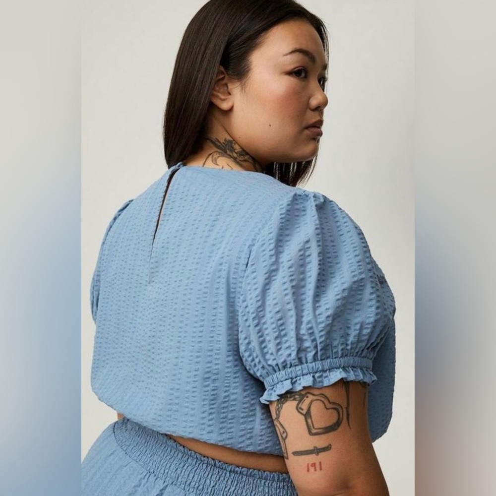 Torrid Mountain Spring Blue Midi Seersucker Smocked Crop Top & Skirt Set, NEW! - Picture 8 of 12
